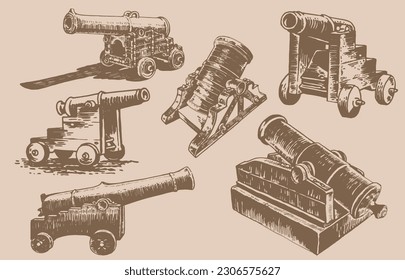 Graphical vintage set of guns, a type of artillery piece isolated on sepia  background, vector elements of military weapon