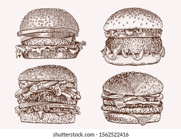 Graphical vintage set of hamburgers isolated , sepia background,vector fast food illustration