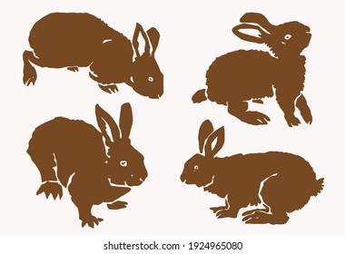 Graphical vintage set of hares,sepia background