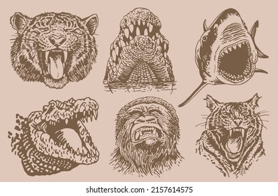 Graphical  vintage set of heads of animals with grins,vector elements