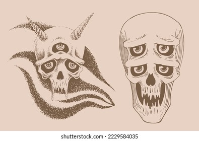 Graphical vintage set of human skulls, vector spooky element for tattoo,design and print