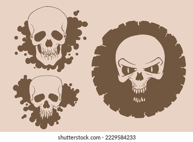 Graphical vintage set of human skulls, vector spooky element for tattoo,design and print