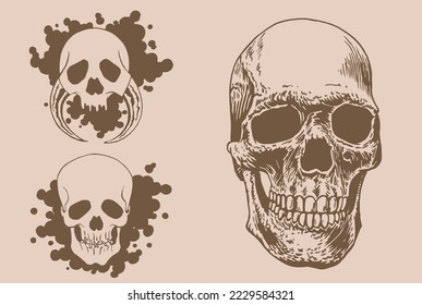 Graphical vintage set of human skulls, vector spooky element for tattoo,design and print