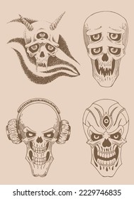 Graphical vintage set of human skulls, vector spooky element for tattoo,design and print