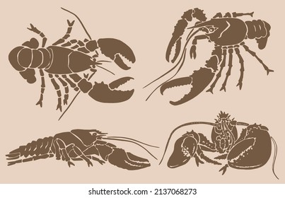 Graphical vintage set of lobsters, sea-food elements,vector illustration 