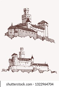 Graphical vintage set of Marksburg castles ,vector sketchy illustration,Germany