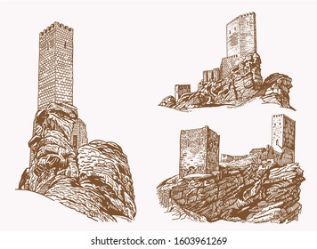 Graphical vintage set of medieval castles , vector sepia illustration