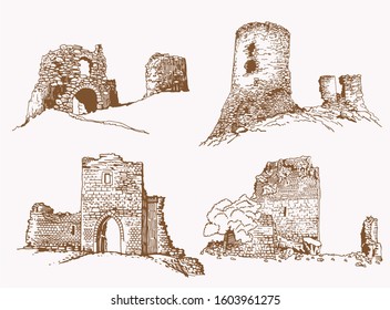 Graphical vintage set of medieval castles , vector sepia illustration