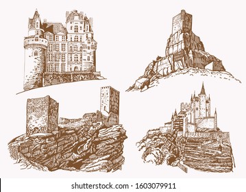 Graphical vintage set of medieval castles,vector sepia illustration