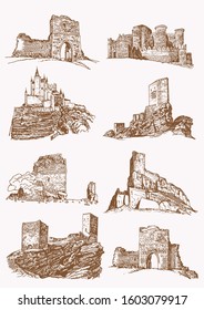 Graphical vintage set of medieval castles,vector sepia illustration