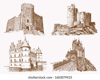Graphical vintage set of medieval castles,vector sepia illustration