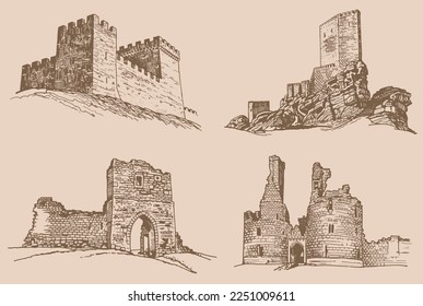 Graphical vintage set of medieval catles, vector sepia illustration.Architecture