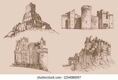 Graphical vintage set of medieval catles, vector sepia illustration.Architecture