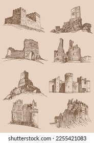 Graphical vintage  set of medieval catles, vector illustration.Architecture