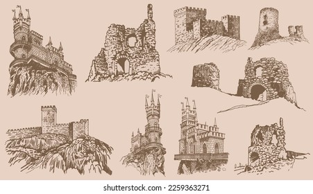 Graphical vintage set of medieval catles isolated , vector sepia illustration.Architecture