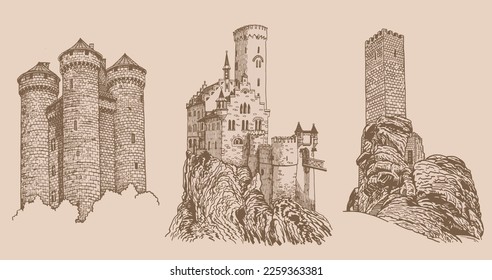 Graphical vintage set of medieval catles isolated , vector sepia illustration.Architecture