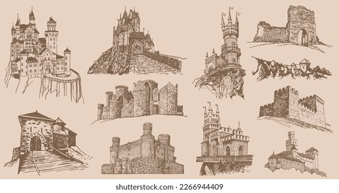 Graphical vintage set of medieval catles isolated , vector sepia illustration.Architecture