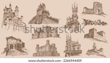 Graphical vintage set of medieval catles isolated , vector sepia illustration.Architecture