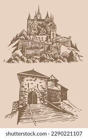 Graphical vintage set of medieval Germany castles on sepia  background, museums . Architecture