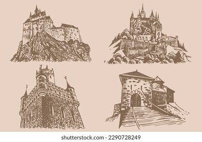 Graphical vintage set of medieval Germany castles on sepia  background, museums . Architecture