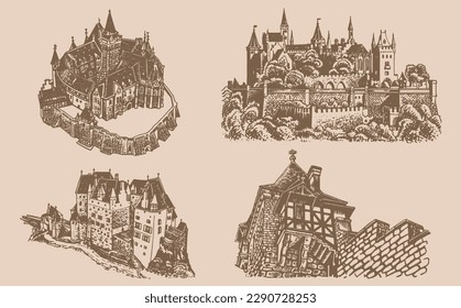 Graphical vintage set of medieval Germany castles on sepia  background, museums . Architecture