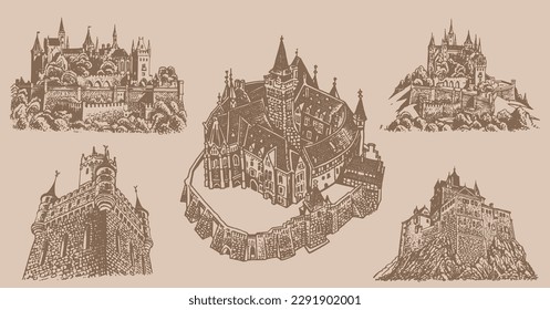 Graphical vintage set of medieval Germany castles on sepia  background, museums . Architecture