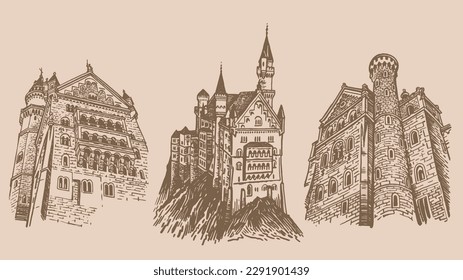 Graphical vintage set of Neuschwanstein Castles , architecture of Germany