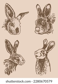 Graphical vintage set of portraits of bunnies ,vector elements. Hand-drawn rabbits