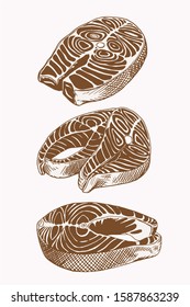 Graphical vintage set of salmon slices , sepia vector illustration