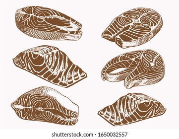 Graphical vintage set of salmon slices , sepia background,vector illustration