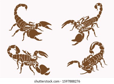 Graphical vintage set of scorpions , vector  sepia illustration