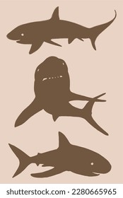 Graphical vintage  set of sharks silhouetteson sepia background, vector illustration