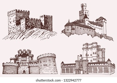 Graphical vintage set of sightseeing , famous castles of the world,vector sketch	