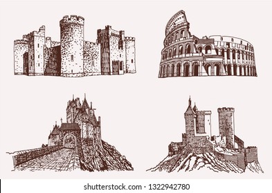 Graphical vintage set of sightseeing , famous castles of the world,vector sketch	