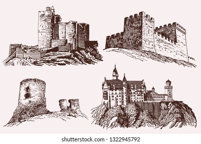 Graphical vintage set of sightseeing , famous castles of the world,vector sketch	
