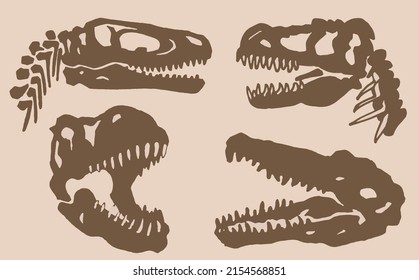 Graphical vintage set of silhouettes of skulls of dinosaurs , sepia  background, elements of paleontology