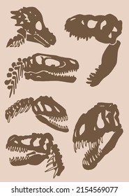 Graphical vintage set of silhouettes of skulls of dinosaurs , sepia  background, elements of paleontology