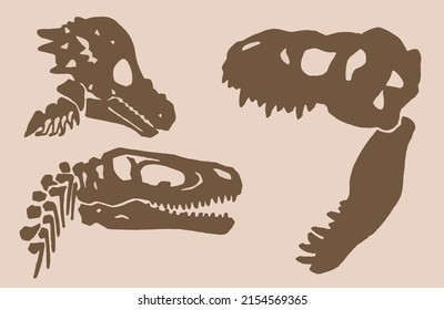 Graphical vintage set of silhouettes of skulls of dinosaurs , sepia  background, elements of paleontology