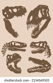 Graphical vintage set of silhouettes of skulls of dinosaurs , sepia  background, elements of paleontology
