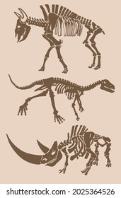 Graphical vintage set of skeletons, vector bull, raptor and woolly rhino