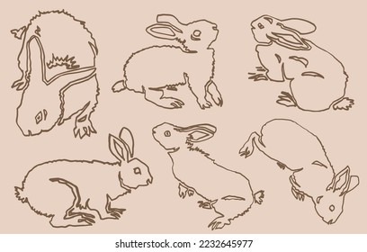 Graphical vintage set of sketches of rabbits, doodle illustration bunny 