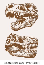 Graphical vintage set of skulls on tyrannosaurus,vector bone fossils