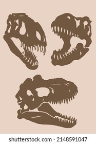 Graphical vintage set of skulls silhouettes of dinosaur, sepia background,vector elements