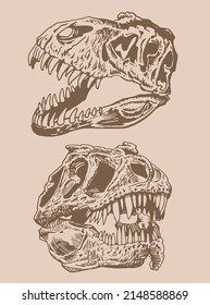 Graphical vintage set of skulls of tyrannosaurus , sepia background,paleontological elements 