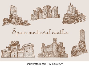 Graphical vintage set of Spain castles ,sepia background,vector illustration