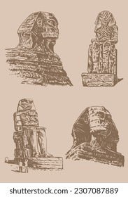 Graphical vintage set of sphinx and  Colossi of Memnon on sepia background,vector illustration . Egyptian architecture
