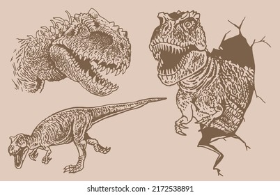 Graphical vintage set of tyrannosauruses  ,vector elements,jurrasic perioud sepia illustration