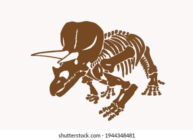 Graphical vintage skeleton of triceratops ,sepia background,vector  illustration
