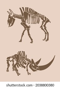 Graphical vintage skeleton of wooly rhino and bull ,sepia background,vector 