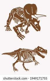 Graphical vintage  skeletons of triceratops and tyrannosaurus, vector bone fossils,paleontology elements